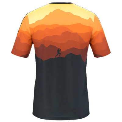 Men's running sublimation T-Shirt with an orange mountain landscape Back Side.