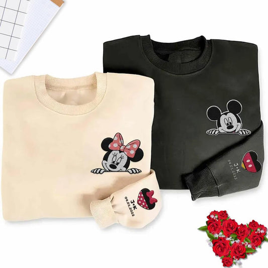 Mickey & Minnie Embroidery In Black & White Long Sleeve T-Shirts for Couple