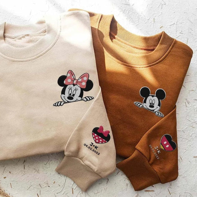 Mickey & Minnie Embroidery In Off-White & Brown Long Sleeve T-Shirts for Couple