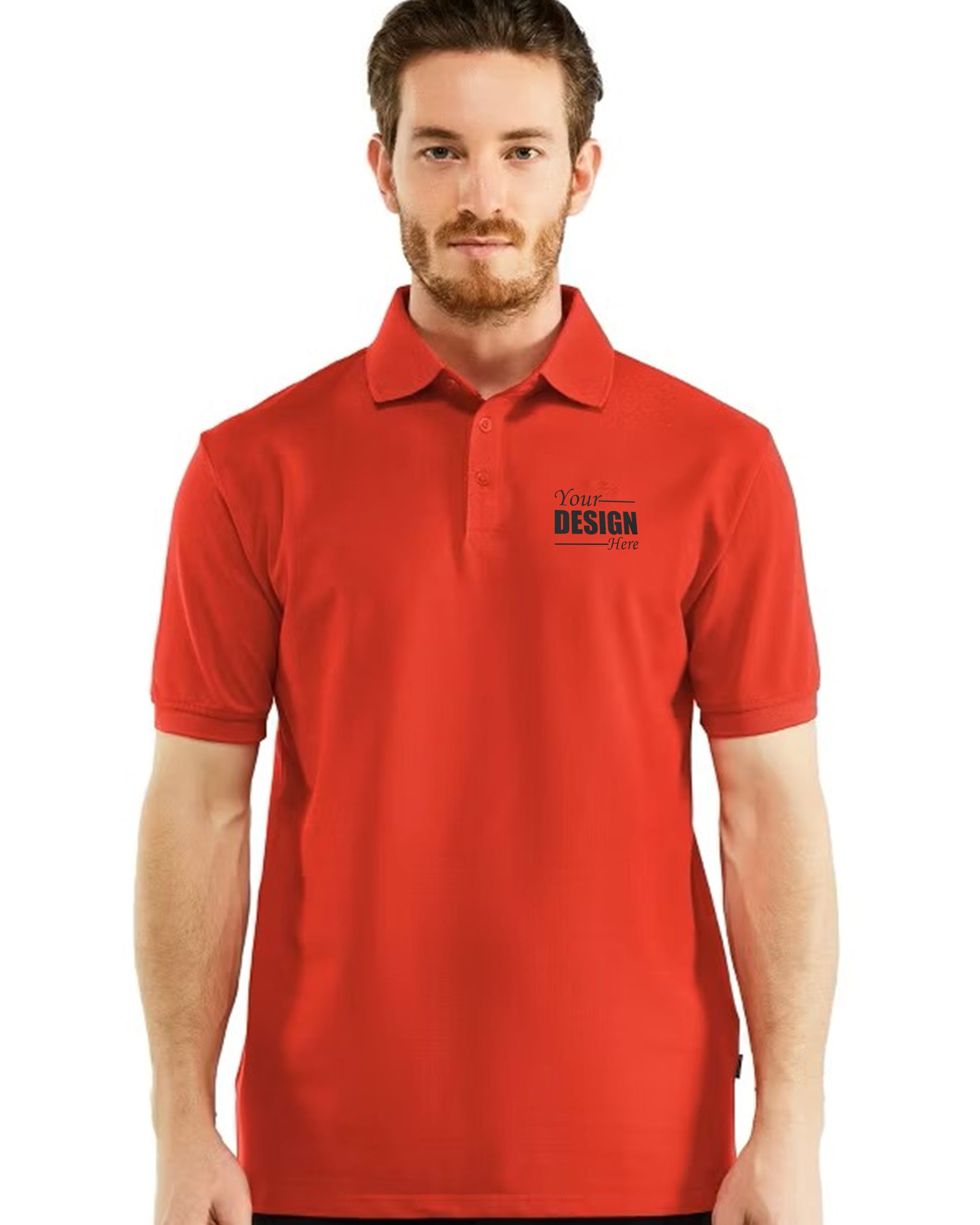 Middle Front_View_Man_in_Red_Polo_T-Shirt_with_YOUR_DESIGN_HERE