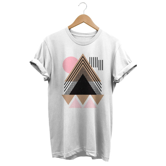 White t-shirt with a modern geometric layered triangle design.