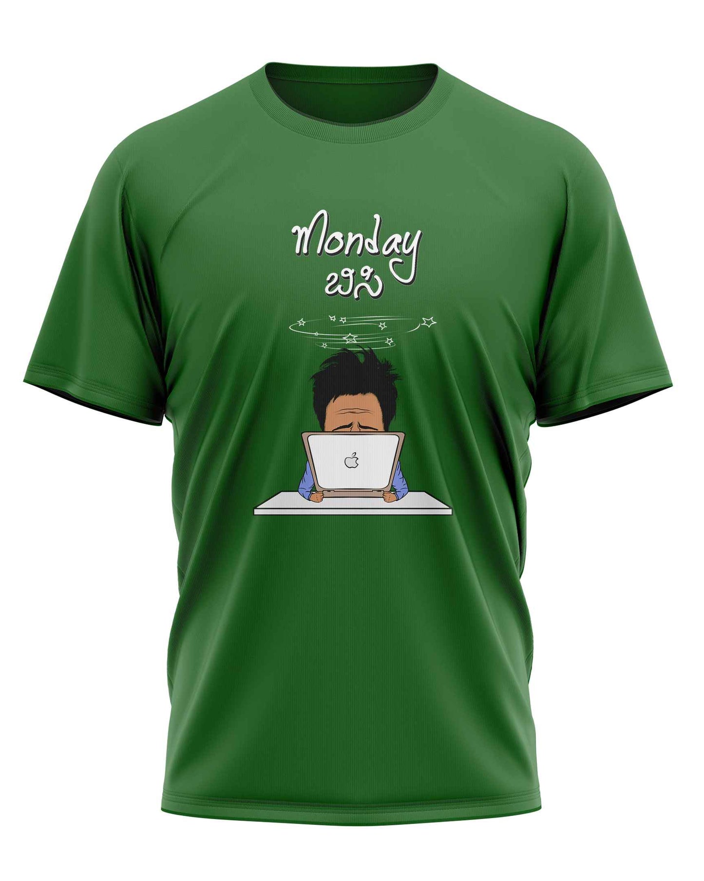 Green t-shirt with "Monday" in English and "292" in Kannada script, along with a cartoon of a person working on a laptop. A design with a blend of English and Kannada.