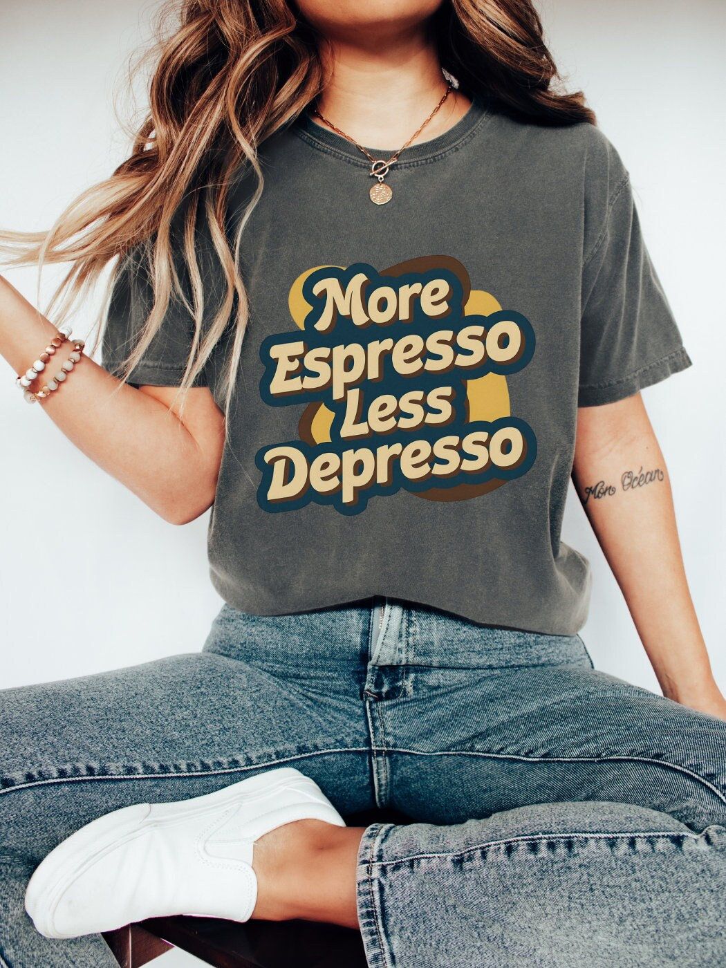 Heather Gray t-shirt with "More Espresso Less Depresso" text and a woman with long blonde hair. A humorous design for espresso enthusiasts.