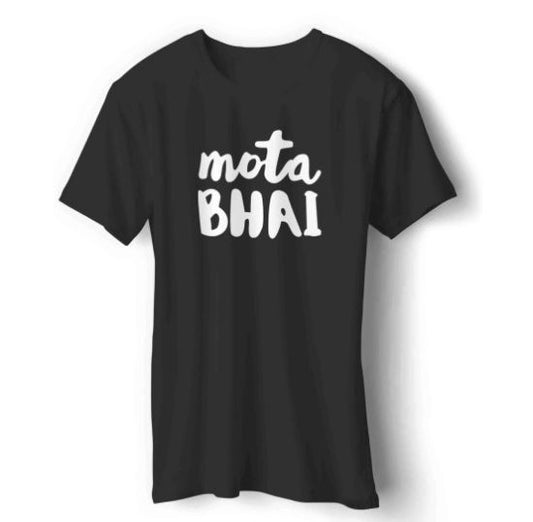 Black t-shirt with the phrase "mota BHAI" in white, stylized letters. "Mota Bhai" is a Gujarati term meaning "elder brother". Cotton blend t-shirts, available in various sizes.