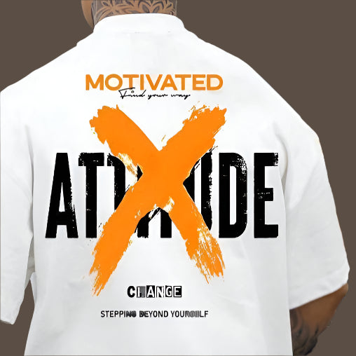 Two t-shirts, one white and one black, each with the words "MOTIVATED," "ATTITUDE," "CHANGE," and "STEPPING BEYOND YOURSELF" printed on the back, along with an orange "X" graphic.