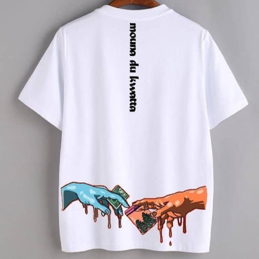 White oversize t-shirt with "Mouna Du Kwatta" text printed vertically on the back. The bottom of the shirt features a graphic of two hands reaching towards each other, holding money or cards, with a dripping paint effect.