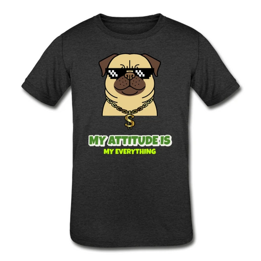 Dark gray heather t-shirt with a pug wearing pixelated sunglasses and "My Attitude Is My Everything" text.
