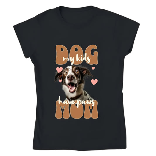  Black t-shirt with a dog photo and the phrase "My Kids Have Paws, I'm a Dog Mom" in retro font.