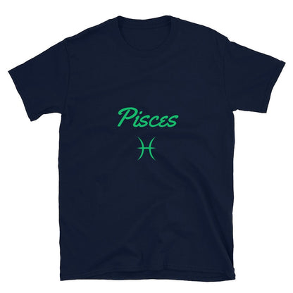 Navy blue t-shirt with the word "Pisces" in green script above the Pisces astrological symbol.