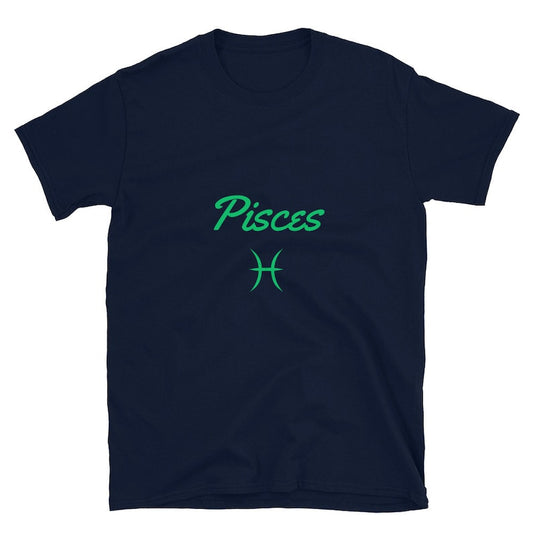 Navy blue t-shirt with the word "Pisces" in green script above the Pisces astrological symbol.