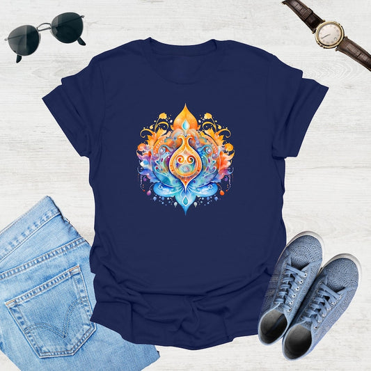 Navy blue t-shirt showcases a colorful, psychedelic lotus flower graphic with swirling orange, blue, and yellow details.