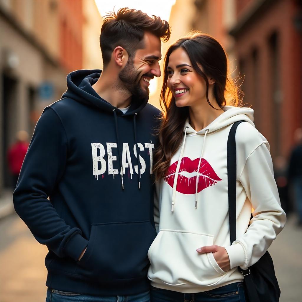Navy Blue & White Beast & Beauty Theme Couple Hoodies