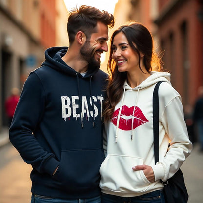 Navy Blue & White Beast & Beauty Theme Couple Hoodies