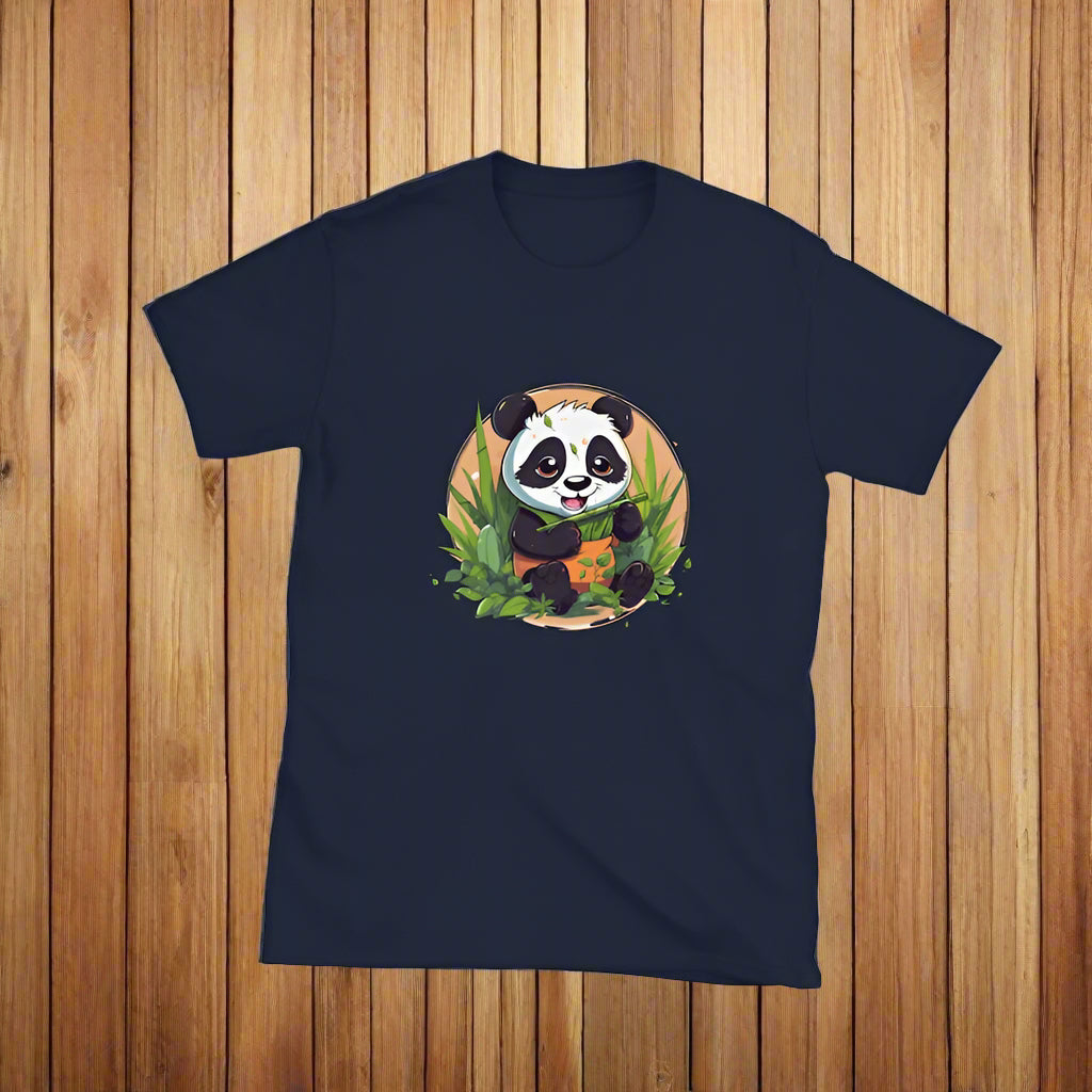 Navy t-shirt shows a cartoon panda sitting and happily eating green bamboo stalks.