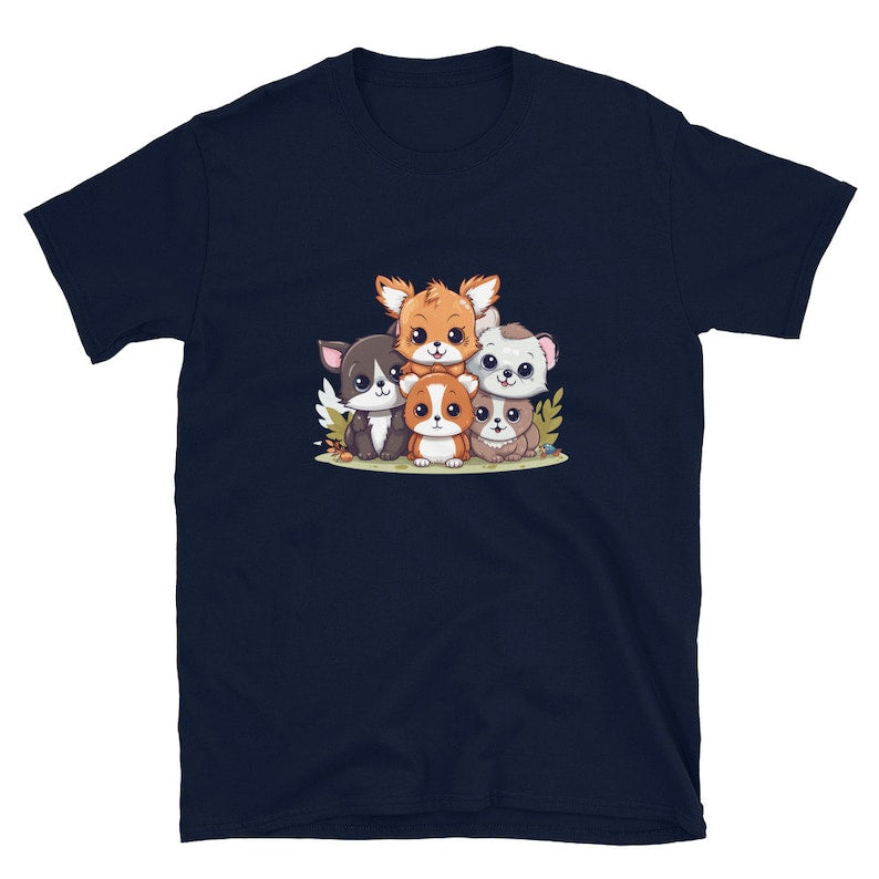 Navy t-shirt featuring a stack of five adorable cartoon animals: a fox, cat, hamster, and two dogs.
