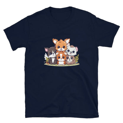 Navy t-shirt featuring a stack of five adorable cartoon animals: a fox, cat, hamster, and two dogs.