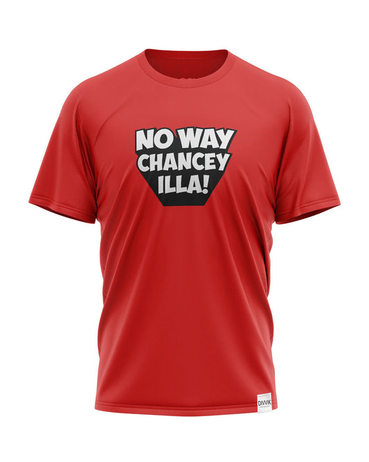 Red t-shirt with "No Way Chancey Illa!" in English and Kannada script, translating to "There's no way!" A casual design with a colloquial Kannada phrase.