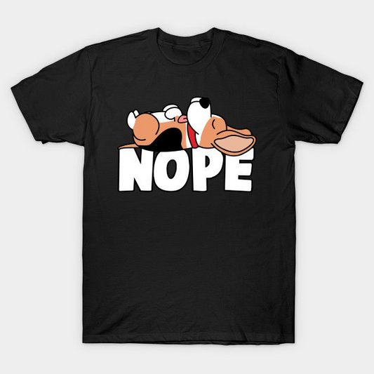 Black t-shirt with a cartoon beagle lying on its back and the word "NOPE" in bold white letters.