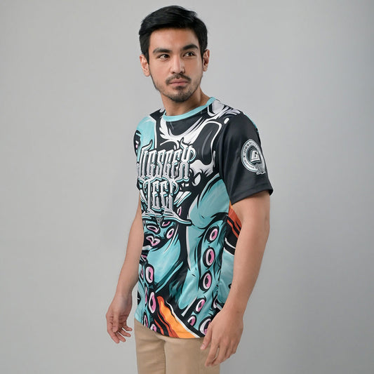 Front View of Sublimation T-Shirt with a teal octopus graphic print and black sleeves.
