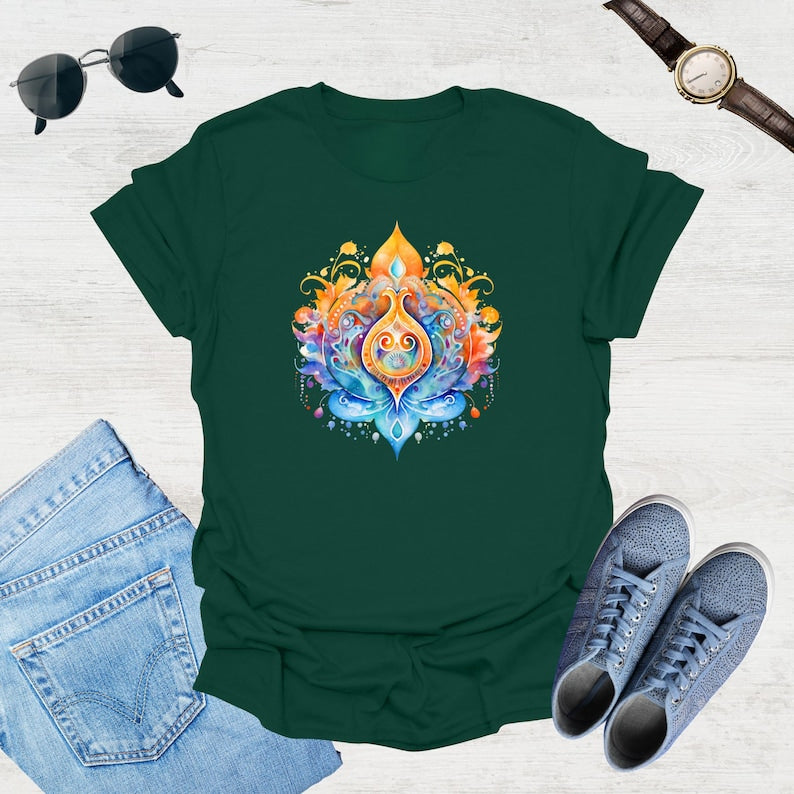 Olive Green t-shirt showcases a colorful, psychedelic lotus flower graphic with swirling orange, blue, and yellow details.