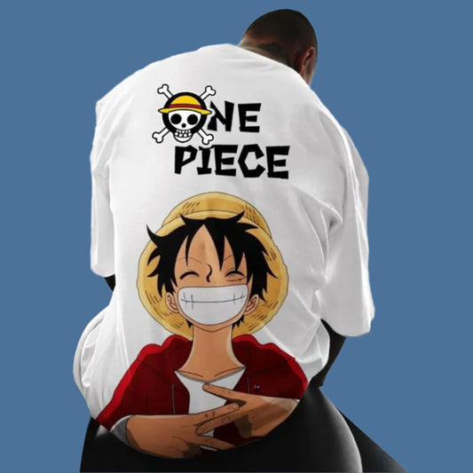 White oversized t-shirt with a graphic of Monkey D. Luffy from One Piece on the back, along with the One Piece logo.
