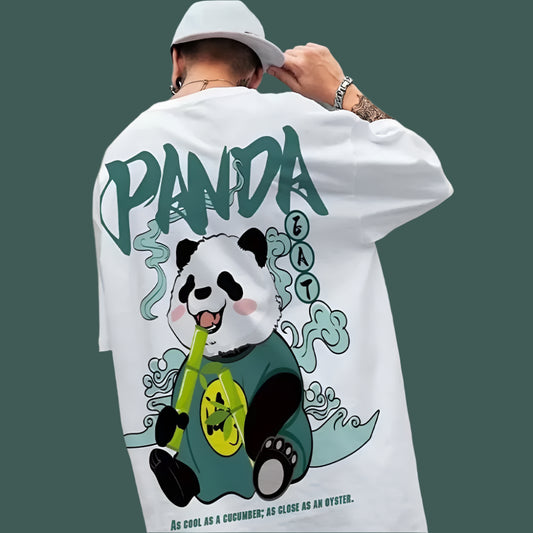 White oversize t-shirt with a panda graphic holding a bamboo stick, "Panda" text, and "As cool as a cucumber; as close as an oyster" text on the back.