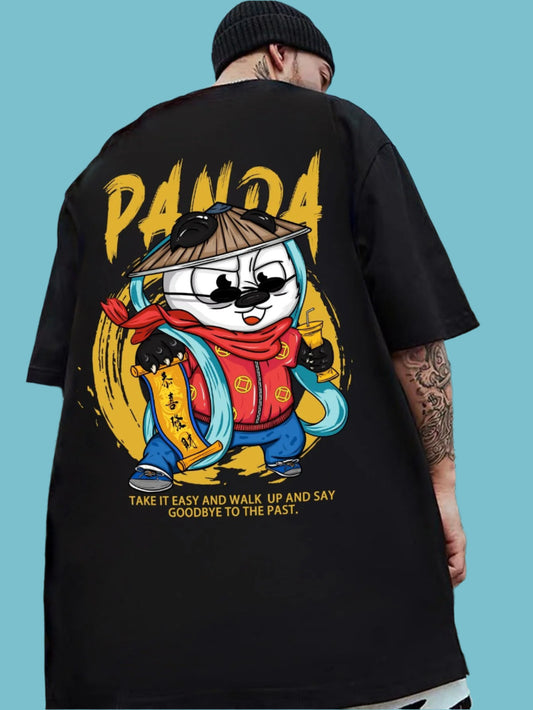 Black oversized t-shirt with a panda graphic wearing a conical hat and a quote on the back.