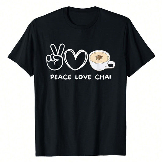 Black t-shirt with "Peace Love Chai" text and peace sign, heart, and chai tea cup graphics.  A calming design for tea enthusiasts.
