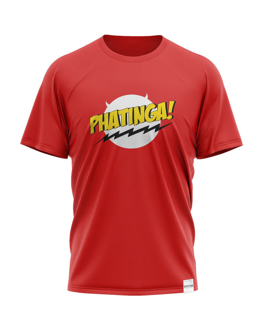 Red t-shirt with "PHATINGA!" in a comic book-style font inside a white circle with a lightning bolt graphic. A design with a strong exclamation, possibly used in some informal Kannada contexts.