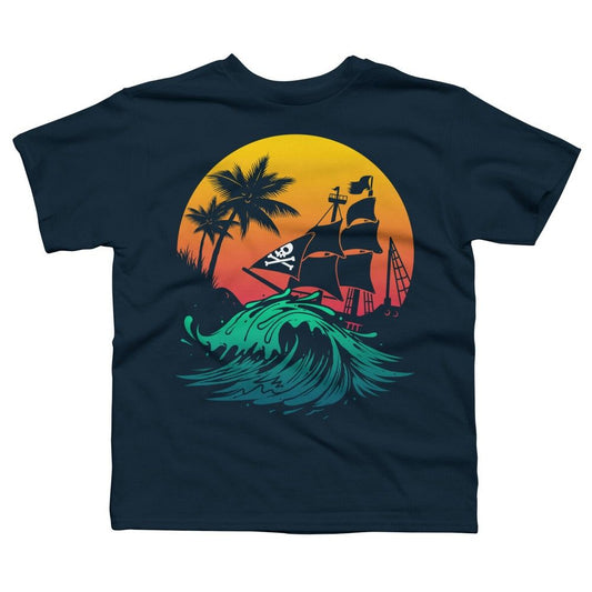 Dark blue t-shirt featuring a pirate ship sailing on a wave towards a tropical island at sunset.