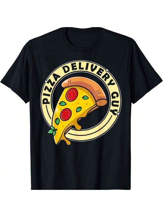 Black t-shirt with a pizza slice graphic and "Pizza Delivery Guy" text in a circular design.  A fun, thematic t-shirt for pizza delivery professionals.