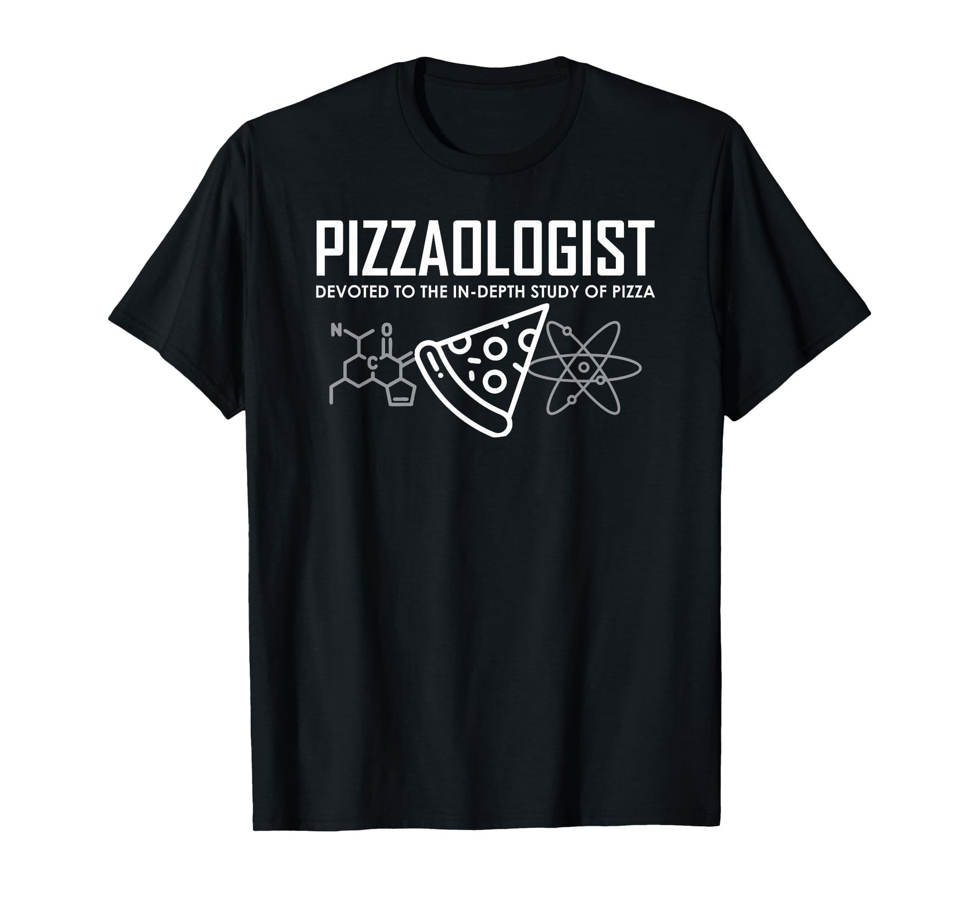 Black t-shirt with "Pizzaologist" text and a pizza slice graphic with scientific symbols.  A humorous design for pizza lovers.
