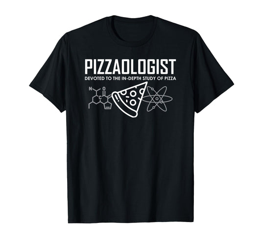 Black t-shirt with "Pizzaologist" text and a pizza slice graphic with scientific symbols.  A humorous design for pizza lovers.
