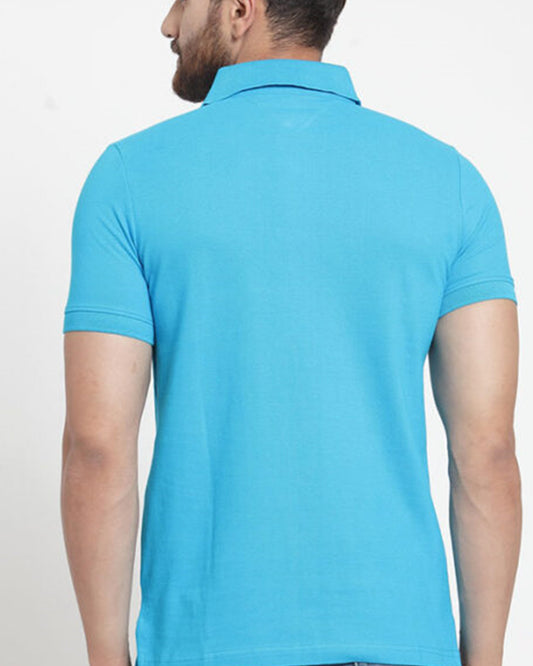 Back view of a man wearing a sky blue polo t-shirt