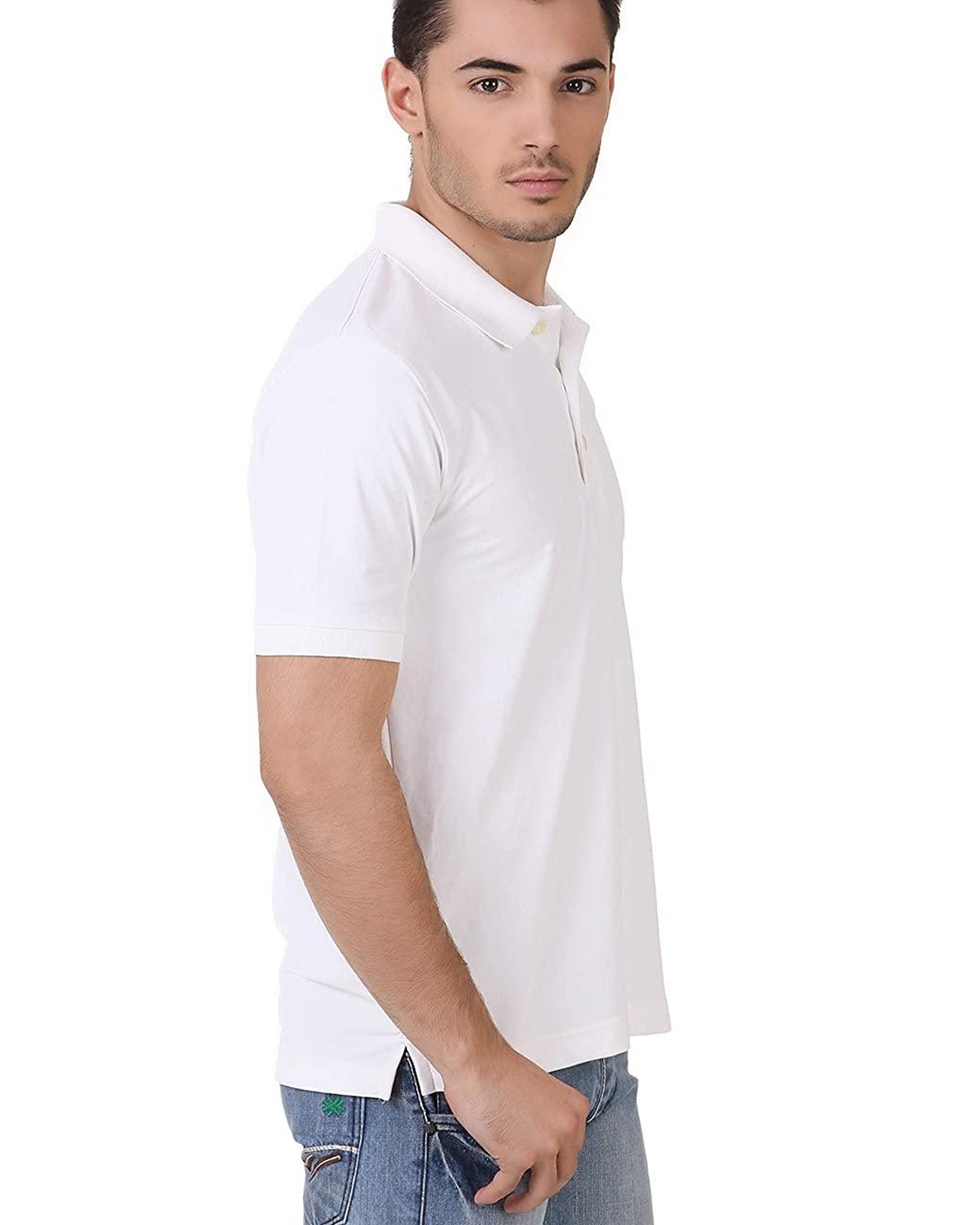 Men wearing a plain white polo t-shirt shown from side angle