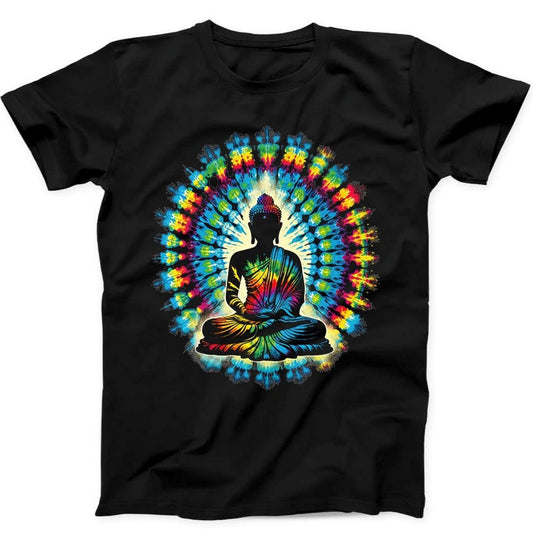 Black T-Shirt featuring a silhouette of the Buddha meditating within a vibrant, colorful tie-dye mandala pattern.