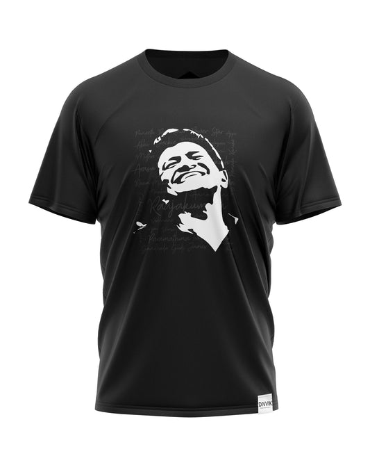 Black t-shirt with a white graphic of Puneeth Rajkumar and his father Rajkumar's name in Kannada script in the background. A tribute to the Kannada film actor.