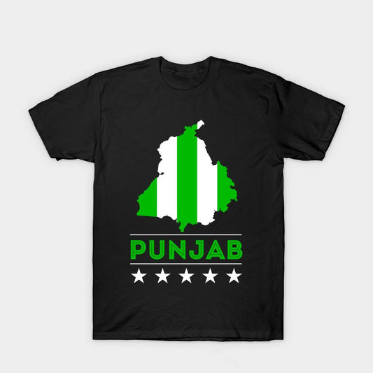 Black t-shirt with a green and white map of Punjab, the word "PUNJAB" below, and five white stars.