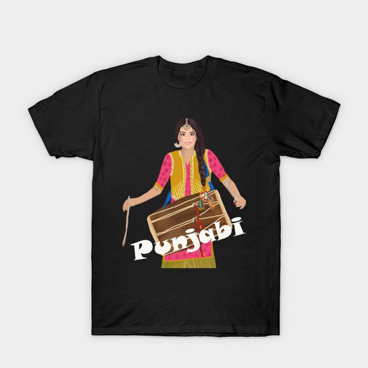 Black t-shirt with a woman playing a dhol drum and "Punjabi" text.