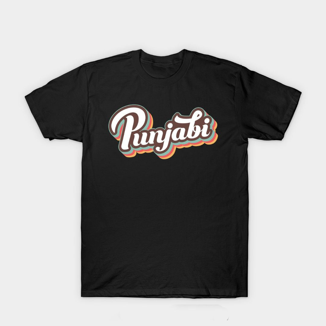 Black t-shirt with retro-style script text "Punjabi" in white, orange, and blue.