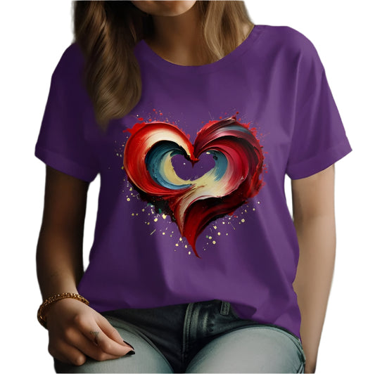 Purple t-shirt featuring a dynamic, abstract heart graphic.