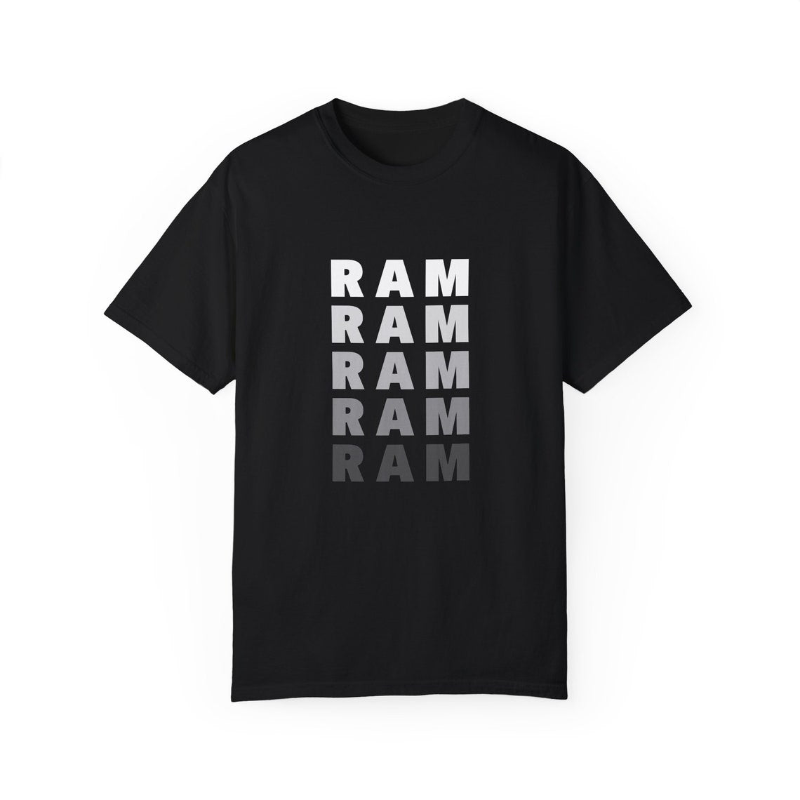 Black T-Shirt featuring the word "RAM" repeated in a vertical design.