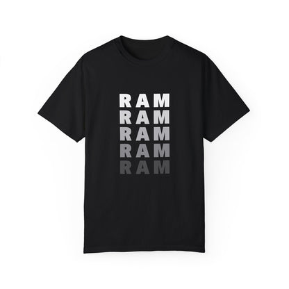Black T-Shirt featuring the word "RAM" repeated in a vertical design.