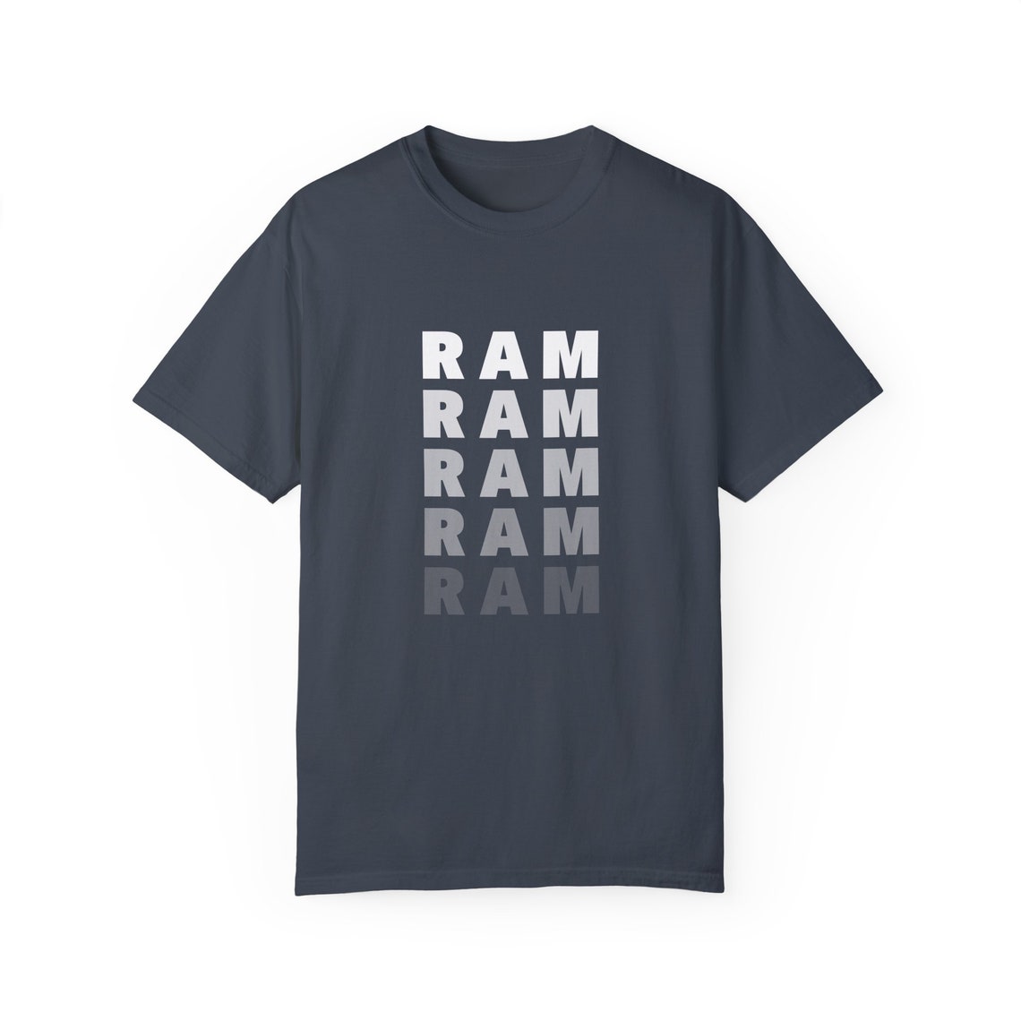 Heather Grey T-Shirt featuring the word "RAM" repeated in a vertical design.