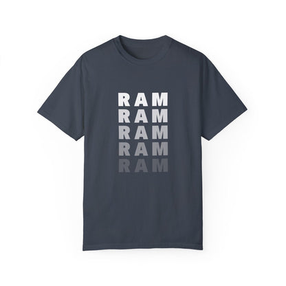 Heather Grey T-Shirt featuring the word "RAM" repeated in a vertical design.