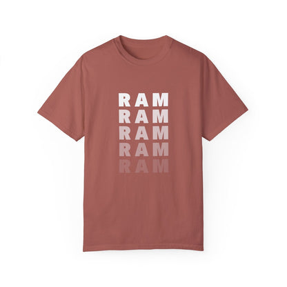 Heather Maroon T-Shirt featuring the word "RAM" repeated in a vertical design.