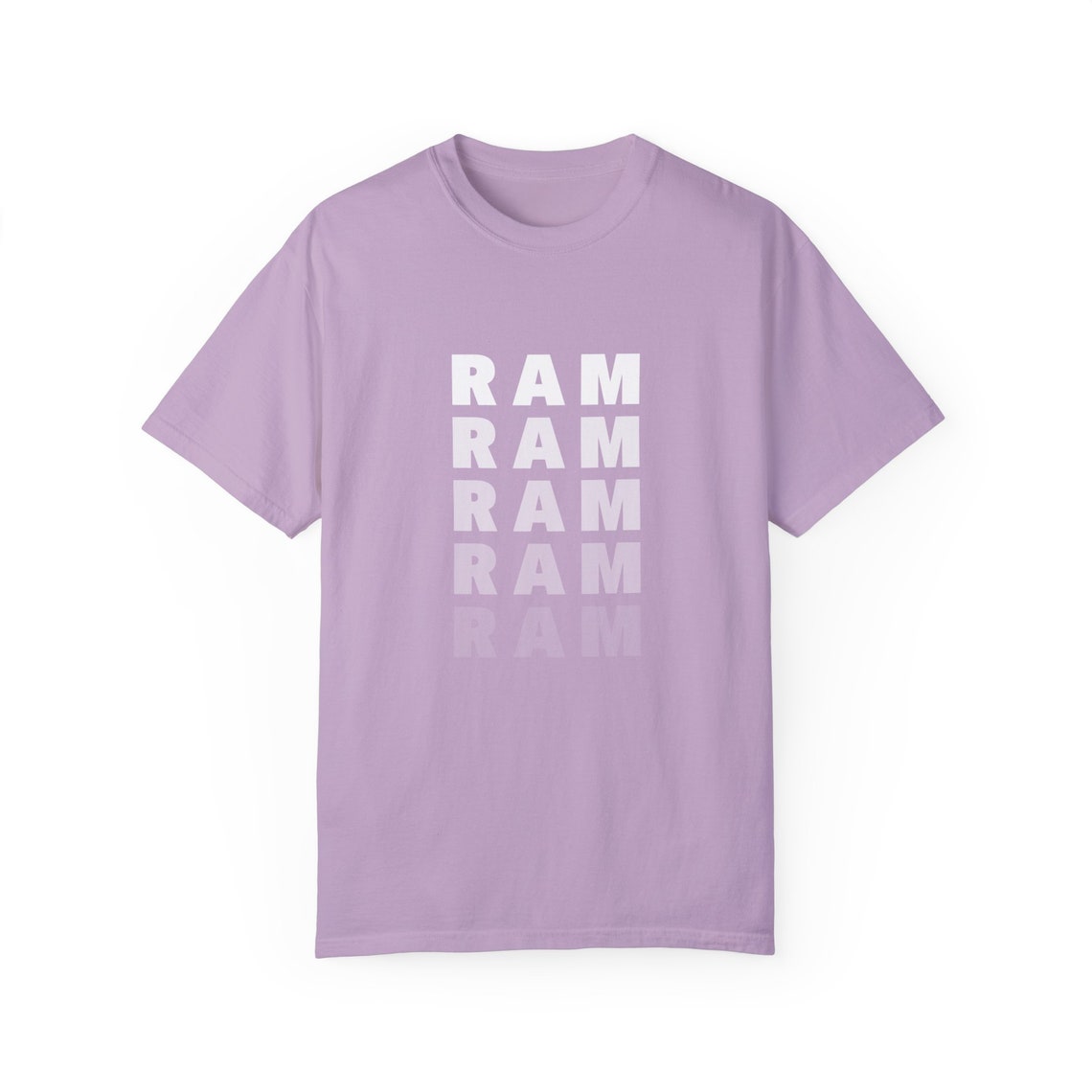 Lavender T-Shirt featuring the word "RAM" repeated in a vertical design.