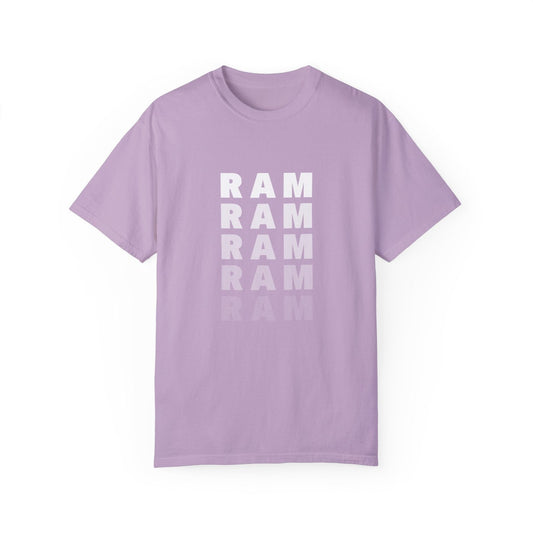 Lavender T-Shirt featuring the word "RAM" repeated in a vertical design.