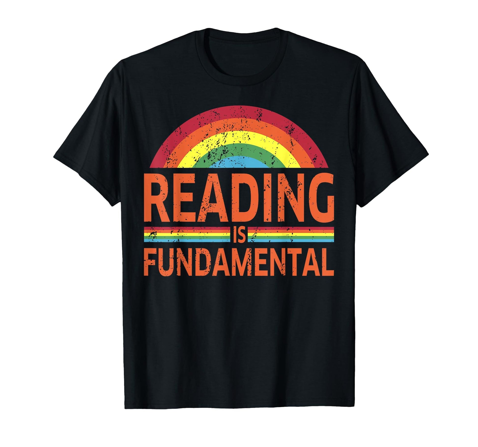 Black t-shirt with "Reading Is Fundamental" text and a rainbow graphic.  A vibrant and supportive design for reading advocacy.