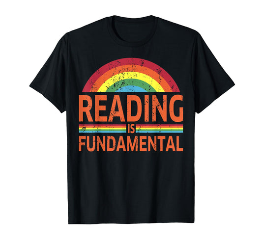 Black t-shirt with "Reading Is Fundamental" text and a rainbow graphic.  A vibrant and supportive design for reading advocacy.